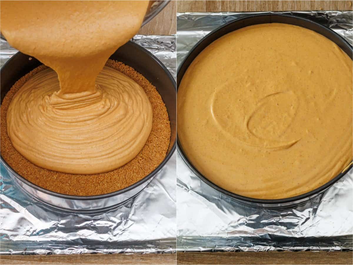 Pouring batter onto a graham cracker crust on top of a sheet pan