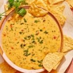 Queso in a bowl with some chips on the side.