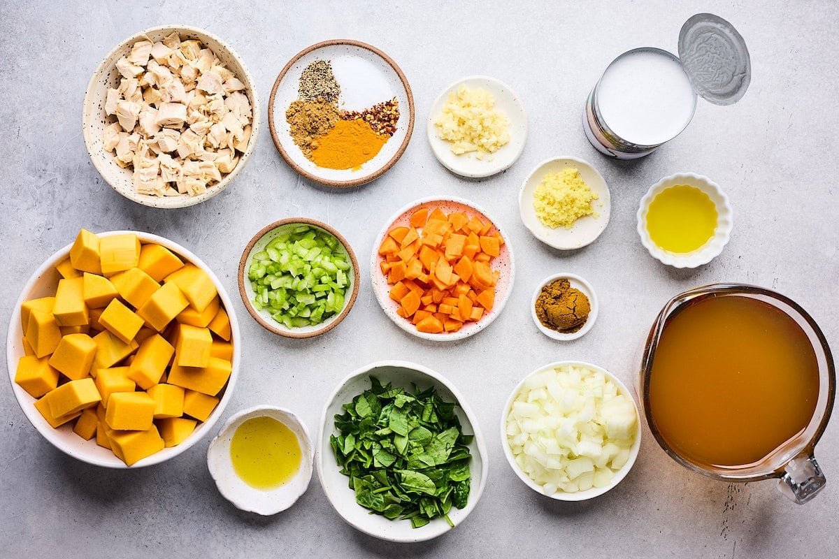ingredients to make Creamy Coconut Butternut Squash Chicken Soup.