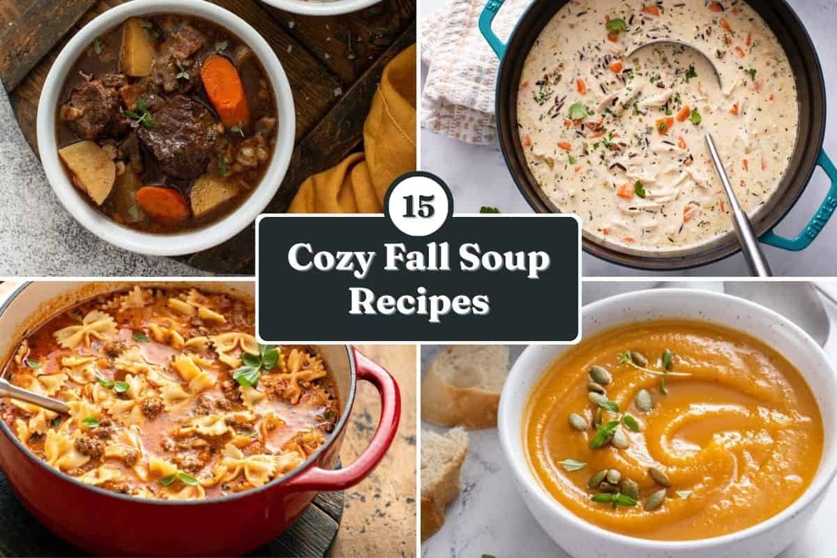 Collage featuring four fall soup recipes with the words 