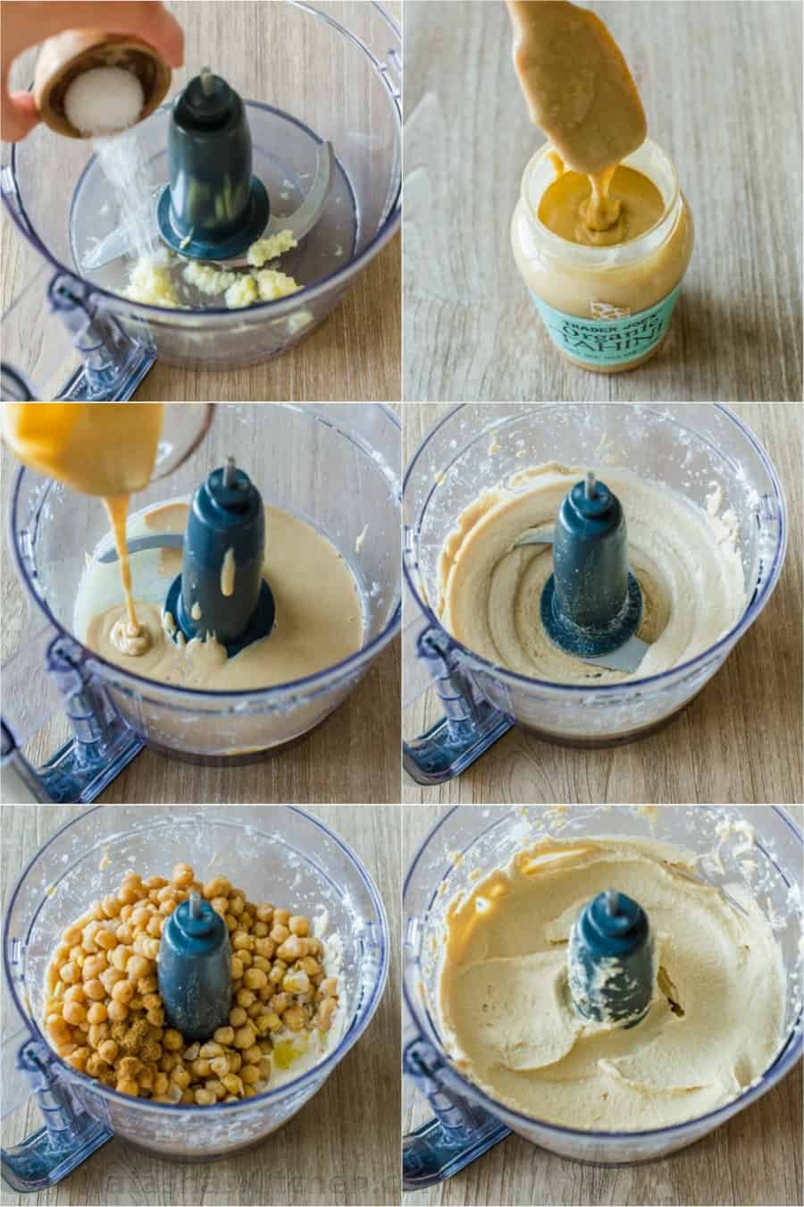 Step by step collage how to make hummus in a food processor