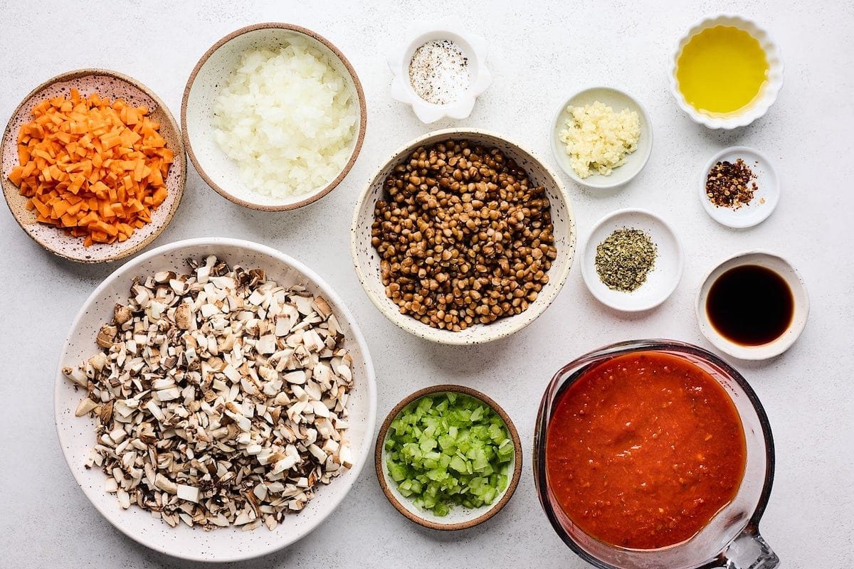 ingredients in bowls to make lentil bolognese. 