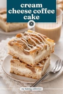 Two slices of cream cheese coffee cake stacked on a white plate. Text overlay includes recipe name.
