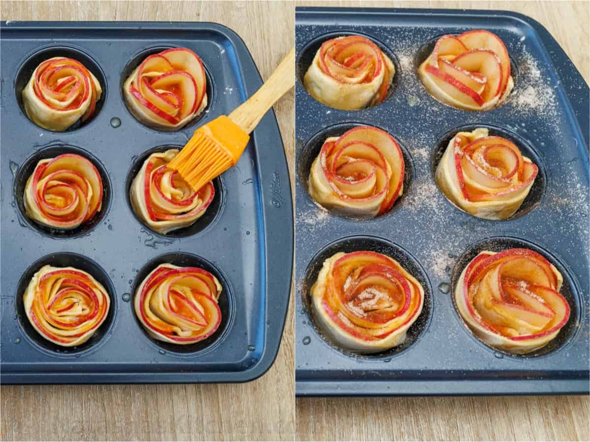 Easy Apple roses taste just like classic apple pie, but look festive and beautiful! Tey are easy to make and perfect as a holiday dessert. Brushing apple roses with butter and dusting with cinnamon sugar