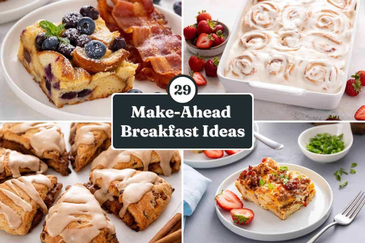 Collage of 4 photos of make-ahead breakfast recipes with the text
