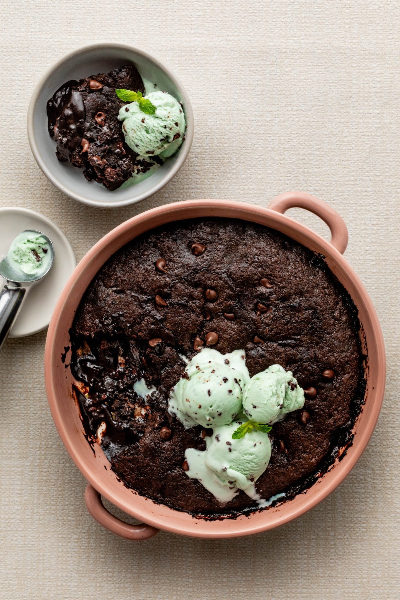 chocolate cobbler with mint chocolate chip ice cream.