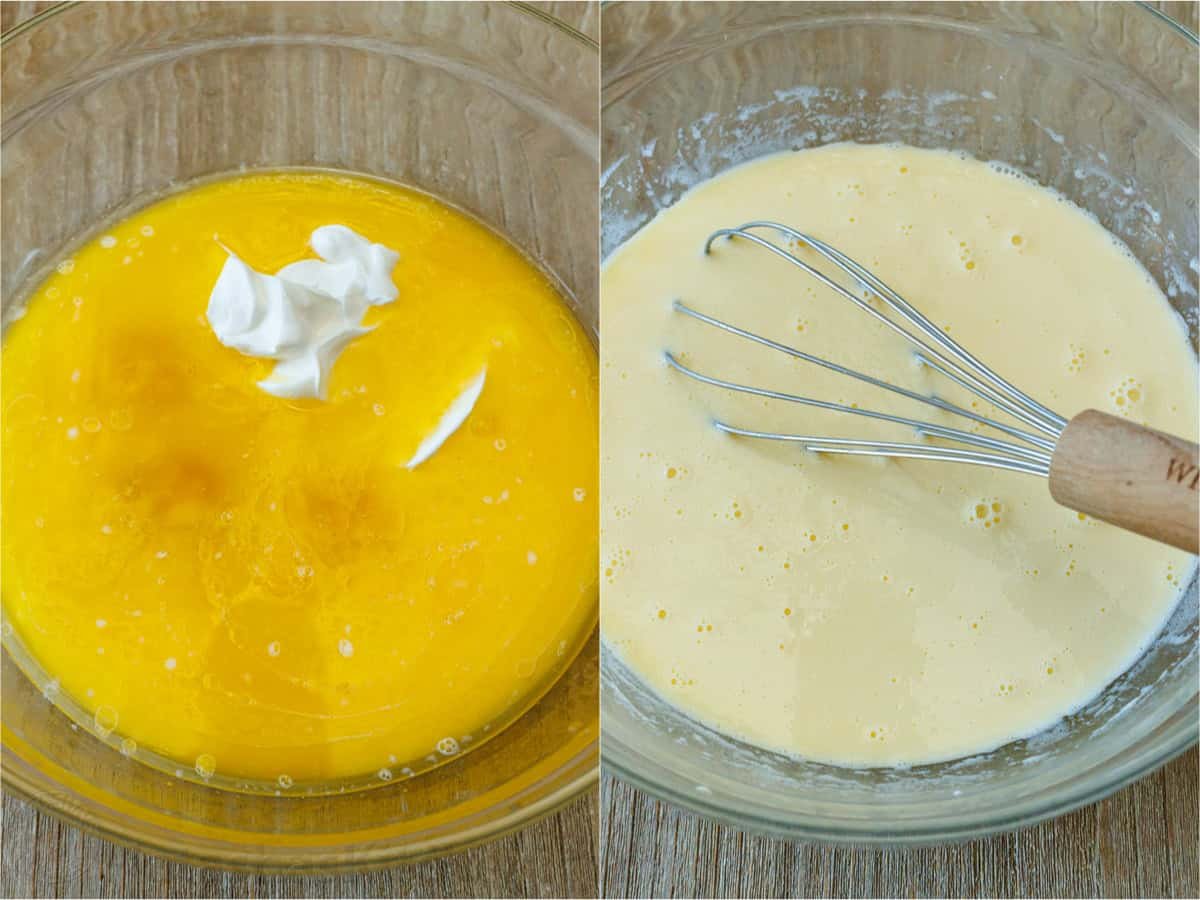 The best homemade cornbread recipe is easy to make with pantry staples. Serve with your favorite holiday or BBQ menu and honey butter on top. side-by-side whisking batter for BBQ side dish