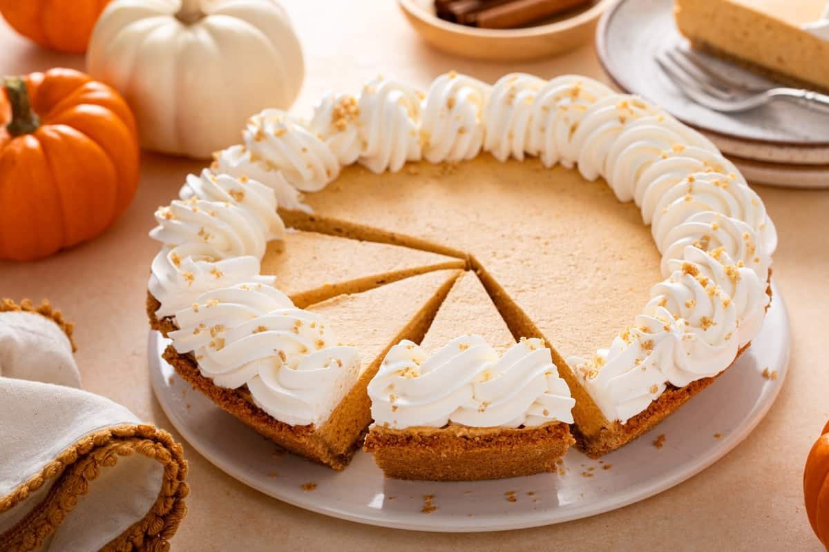 Sliced no-bake pumpkin cheesecake pie.