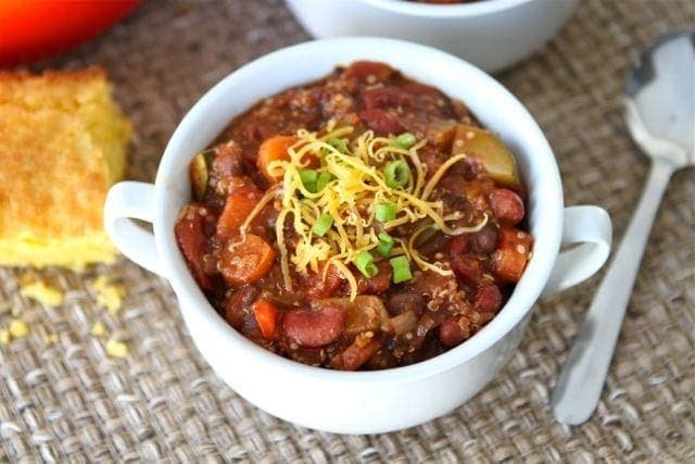 Vegetarian chili with protein-packed quinoa in serving bowl