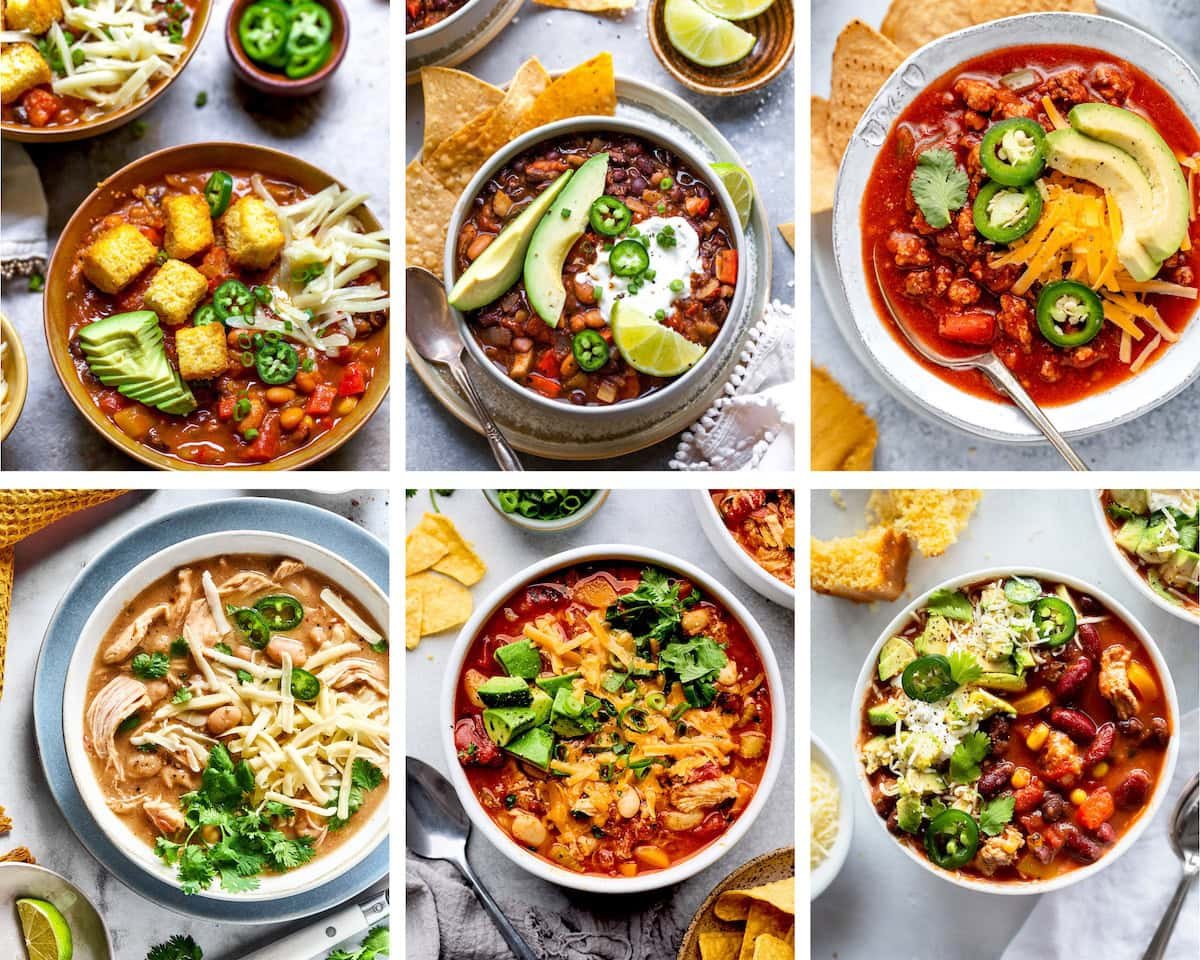 9 best chili recipes: pumpkin chili, vegetarian chili, no bean chili, white chicken chili, buffalo chicken chili, and slow cooker turkey chili in bowls.