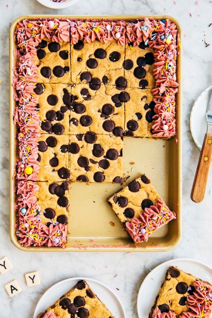 photo of rectangular cookie cake sliced into squares