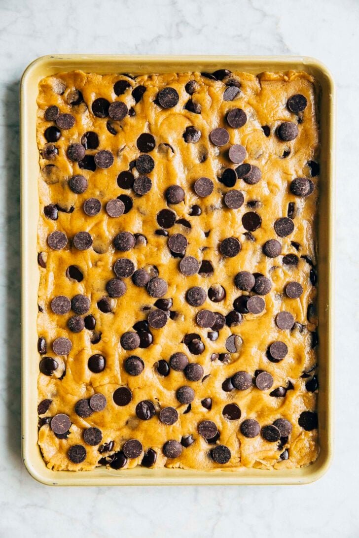 photo of the cookie dough pressed into the pan ready to be baked