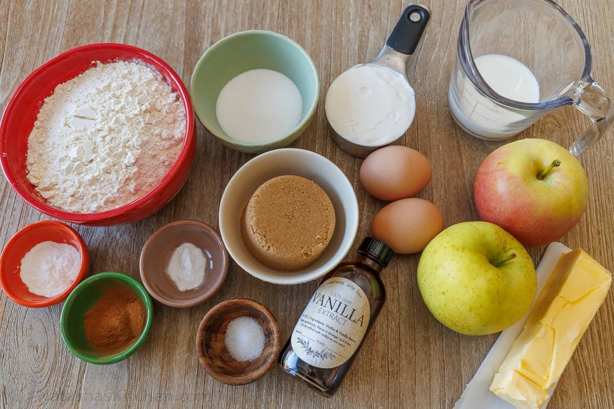 Bakery-style Apple muffins with crumb topping are so easy to make, with a moist crumb and chunks of apple inside. Uses just pantry staples. Ingredients for best apple muffin recipe with flour, baking powder, baking soda, salt, ground cinnamon, brown sugar, sugar, butter, eggs, vanilla, sour cream, milk, and apples