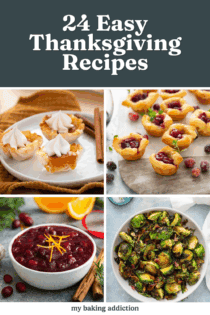 Collage image of 4 easy thanksgiving recipes. Image overlay includes post title.