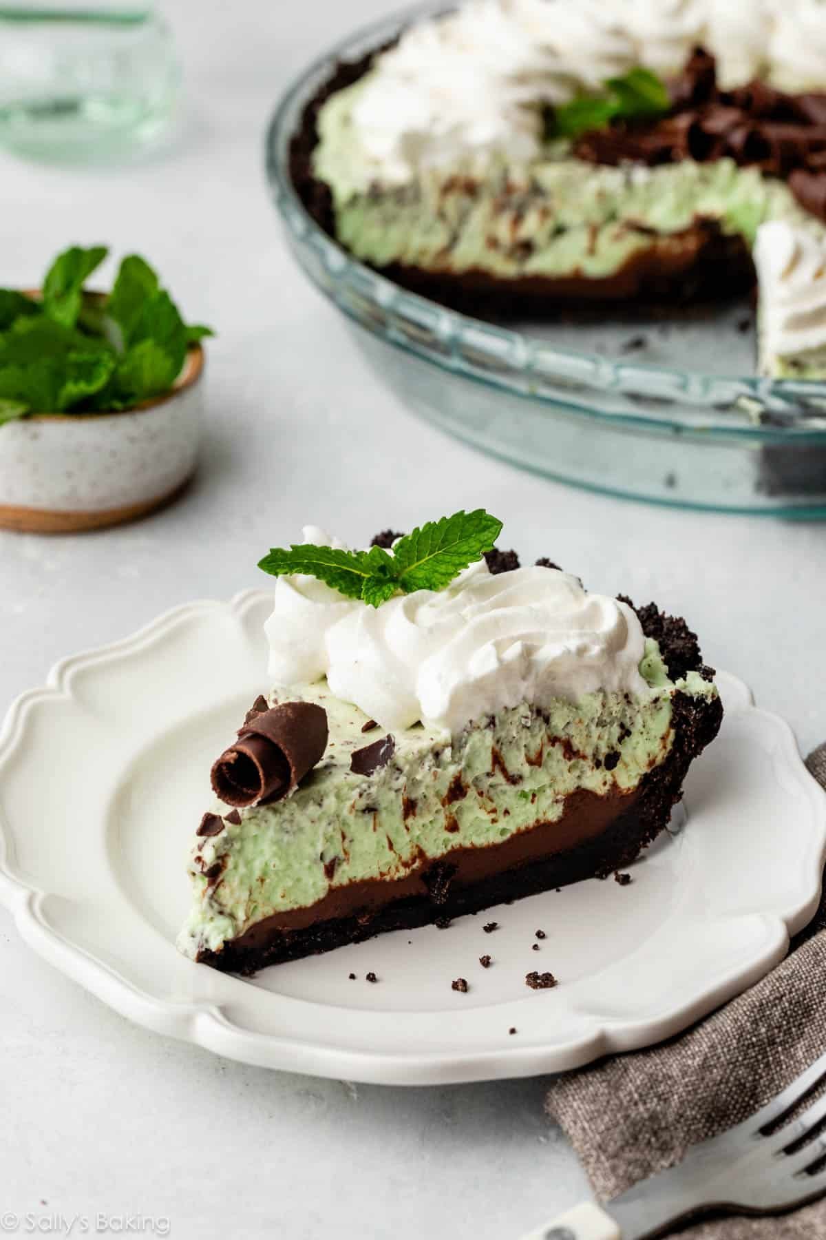 slice of creme de menthe mint chocolate pie on white plate.