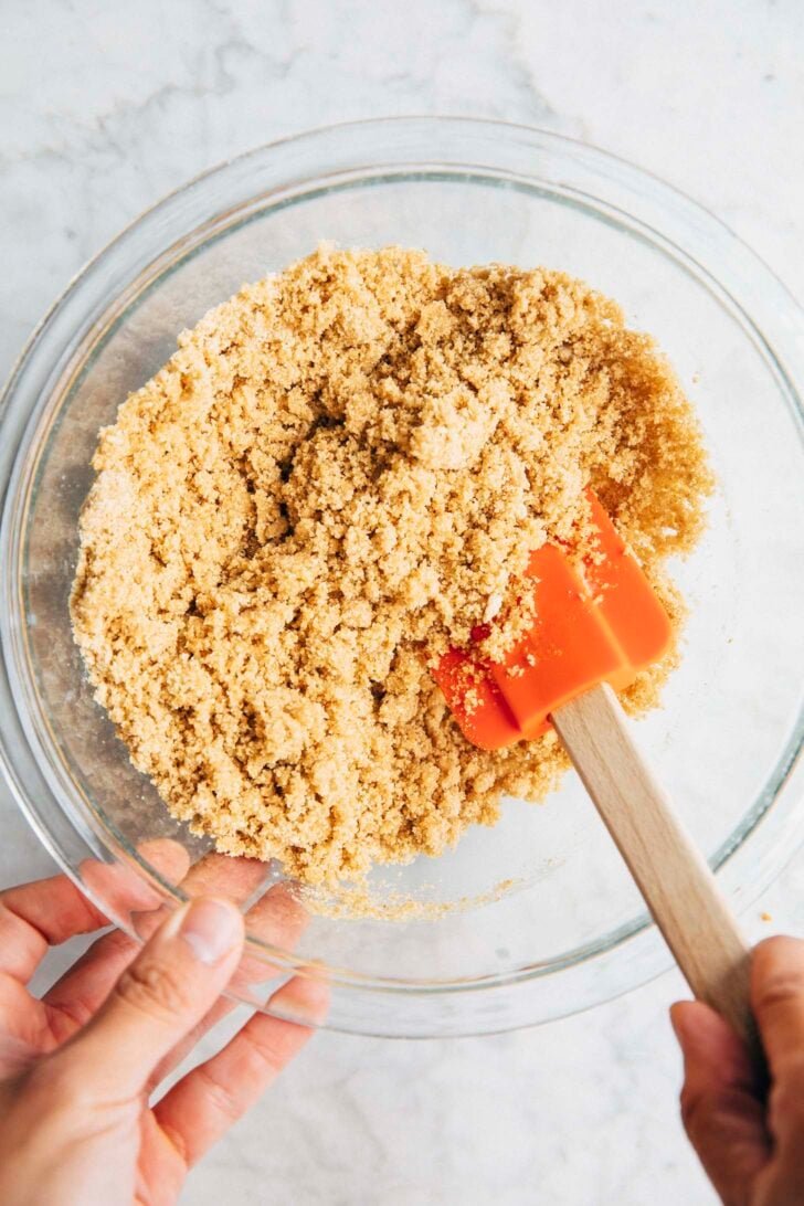 photo of graham cracker crumbs mixed with brown sugar, melted butter, and salt showing sandy texture