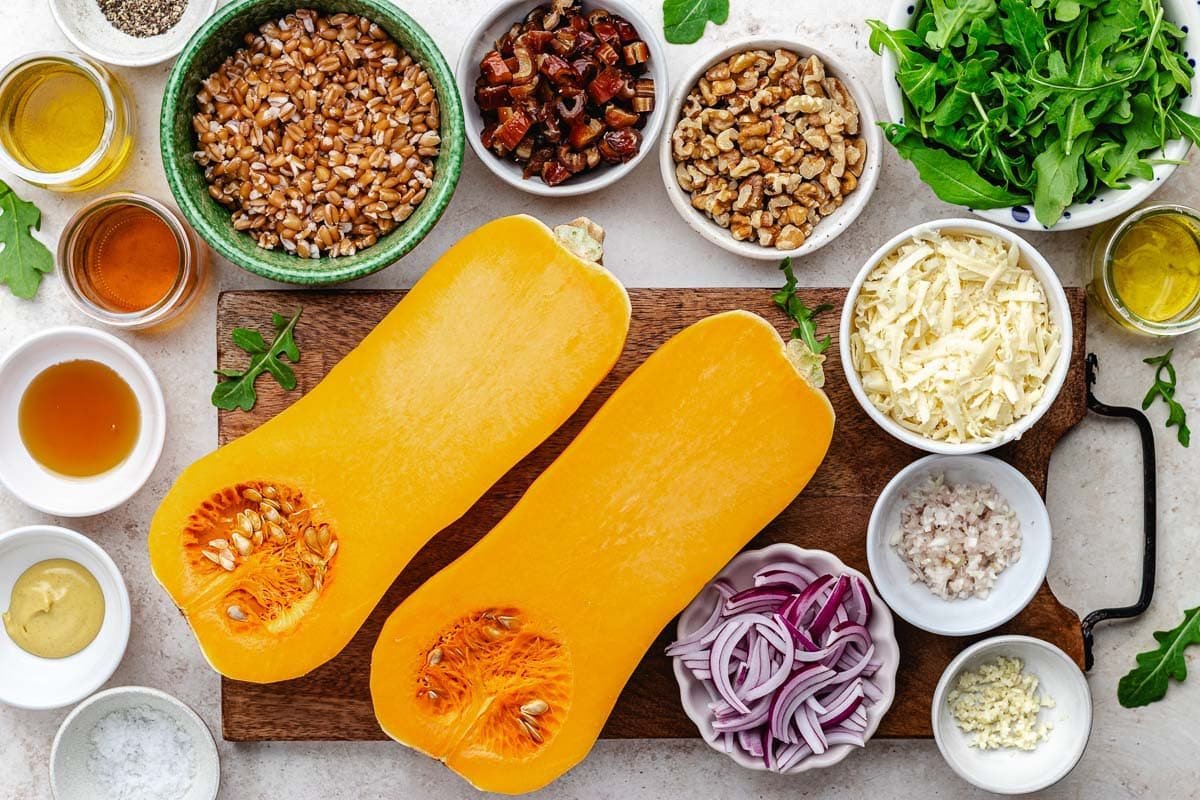 ingredients to make roasted butternut squash salad.
