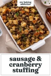 Baked sausage and cranberry stuffing. Text overlay includes recipe name.