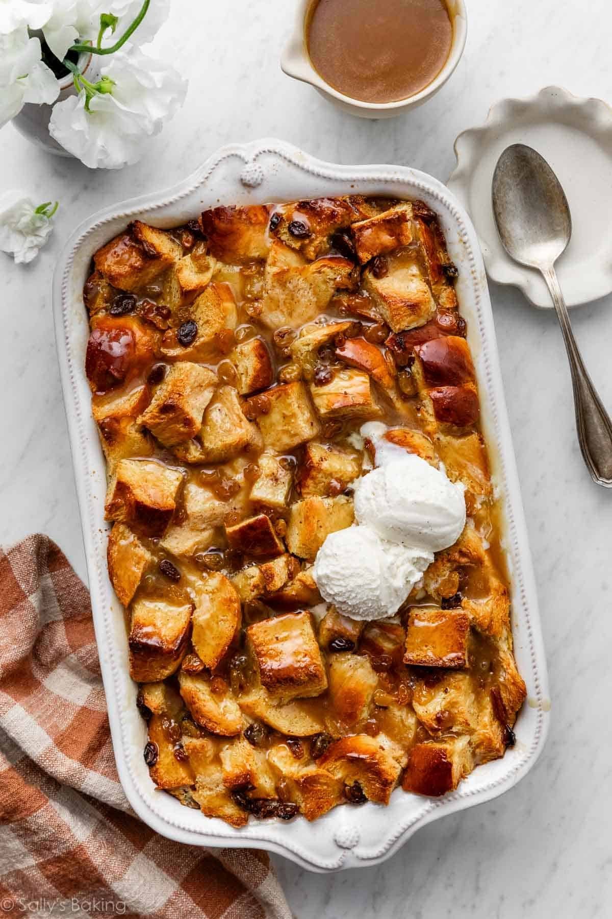 bread pudding with vanilla ice cream on top.