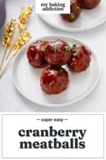Two white plates, each holding several cranberry meatballs. text overlay includes recipe name.