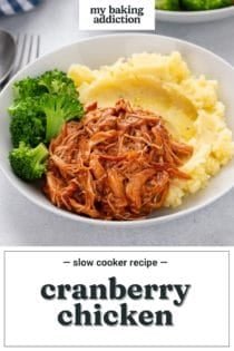 Cranberry chicken plated with mashed potatoes and broccoli. Text overlay includes recipe name.