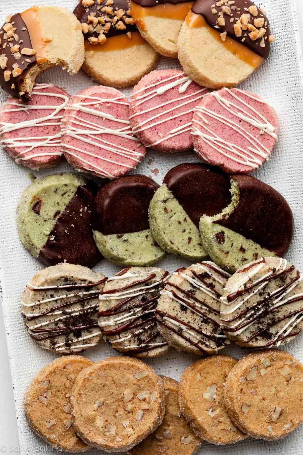 different flavors of sliced icebox cookies including chocolate caramel, raspberry, mint, Oreo, and maple pecan.