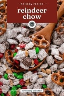 Wooden spoon scooping up reindeer chow. Text overlay includes recipe name.