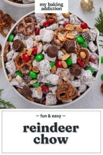 Overhead view of reindeer chow in a white bowl. Text overlay includes recipe name.