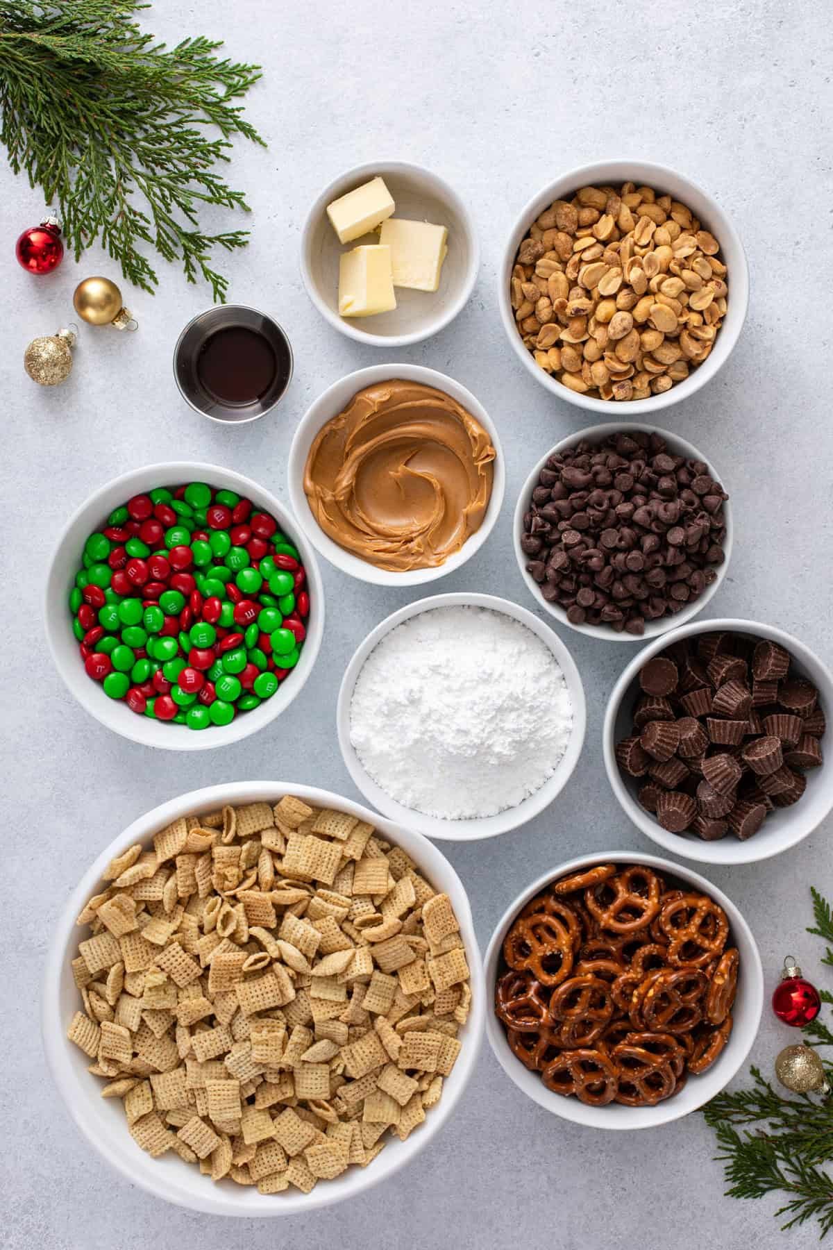 Ingredients for reindeer chow arranged on a countertop.