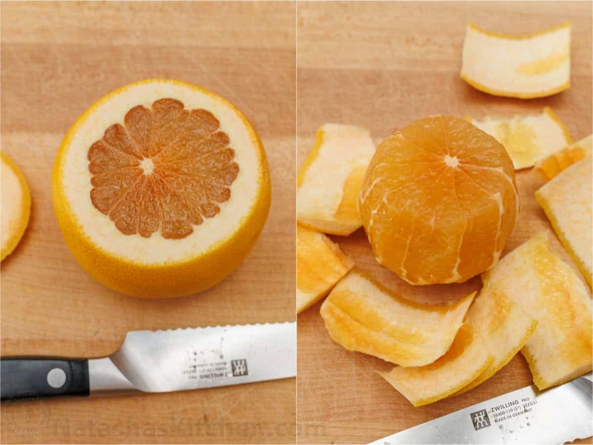 Citrus Salad looks so beautiful with fresh, colorful fruit and tastes amazing drizzled with sweetened lemon vinaigrette! Holiday-worthy dish. How to cut oranges into slices