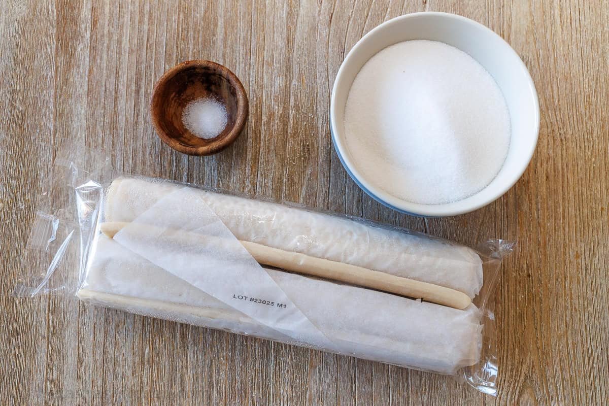 Ingredients for puff pastry cookies including sugar and salt