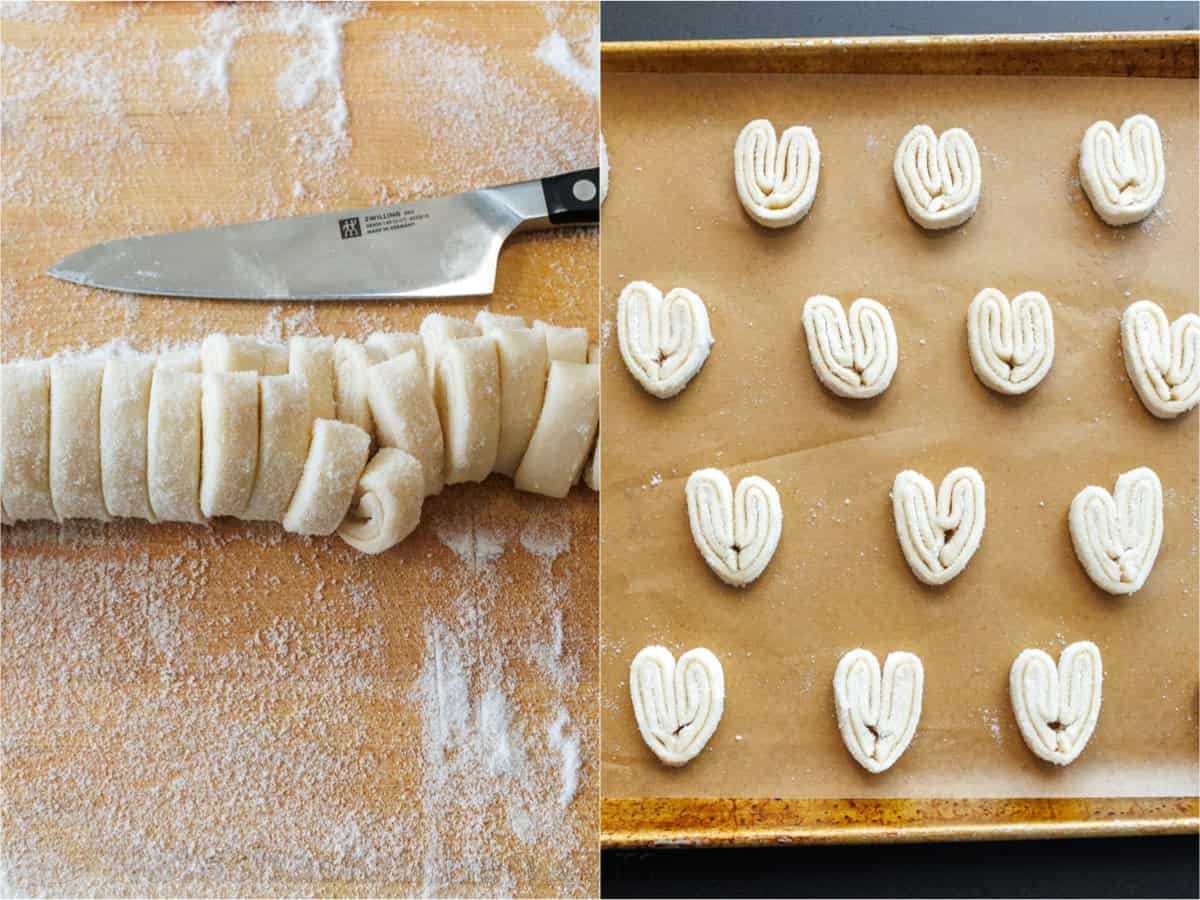 How to cut pamiers elephant ears cookies from a roll and space on a cookie sheet