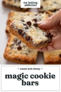 Hand holding a magic bar up to the camera. Text overlay includes recipe name.