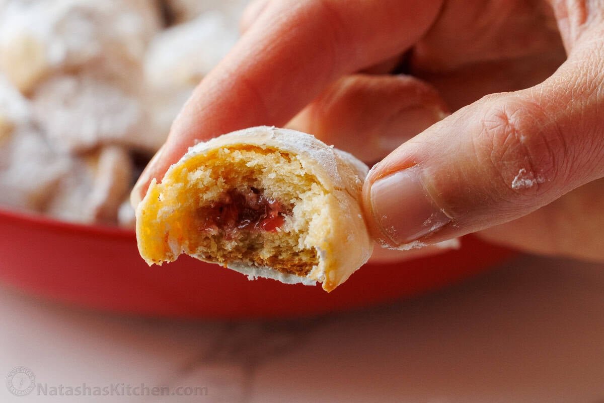 Rugelach cookie bite with jam and fluffy crumb
