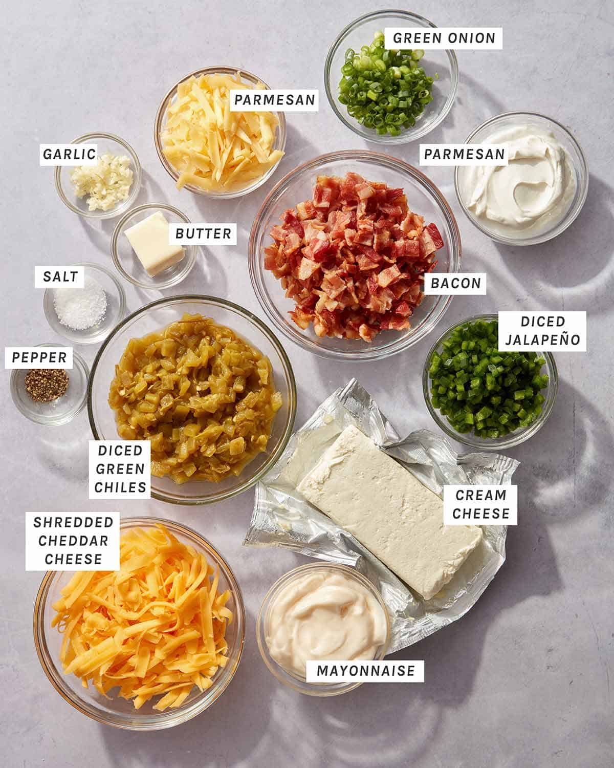 Jalapeño popper dip ingredients on a kitchen counter.