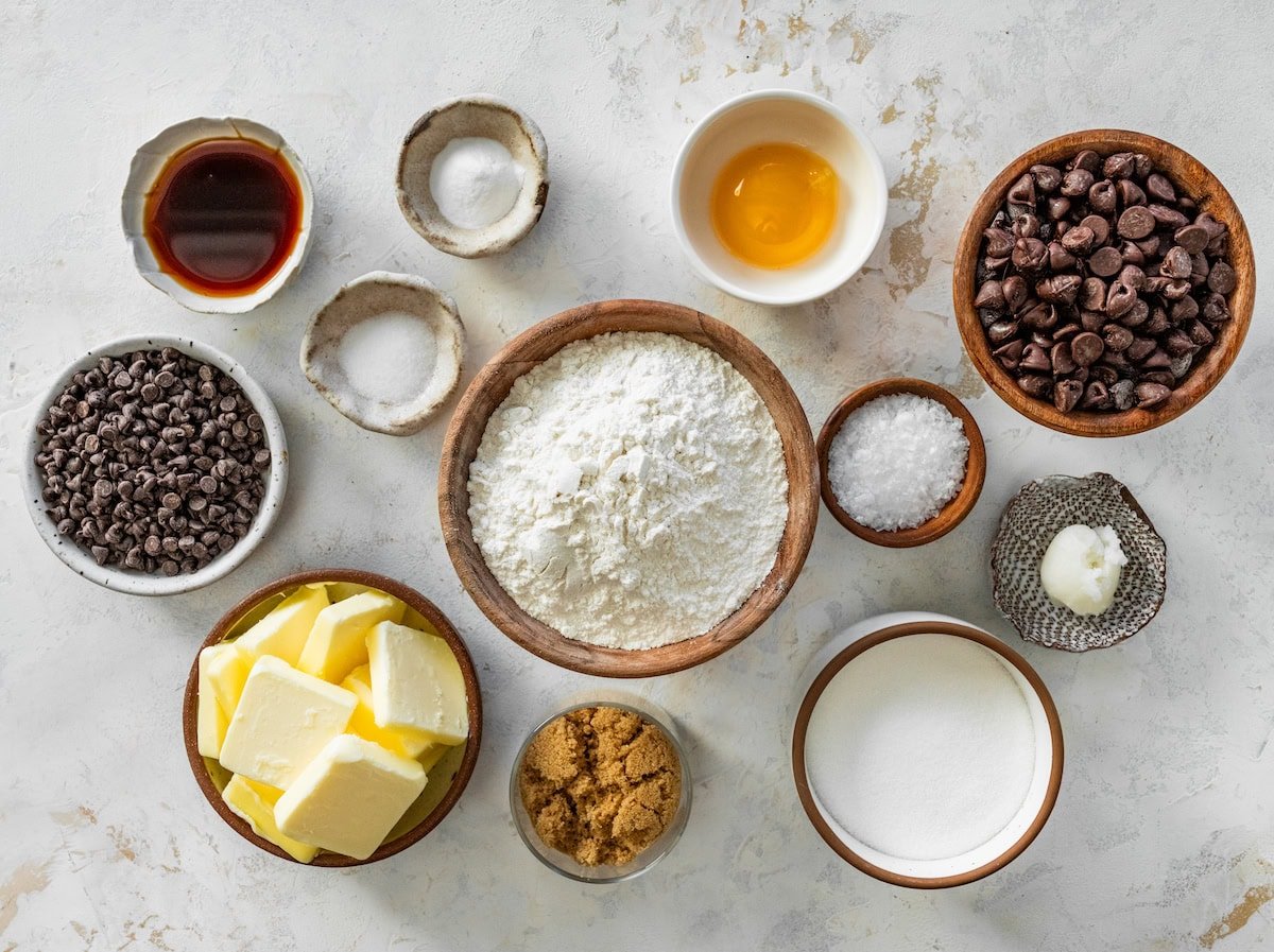 ingredients in bowls to make chocolate chip cookie bark. 