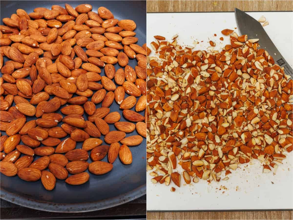 toasting almonds in a skillet and then roughly chopping