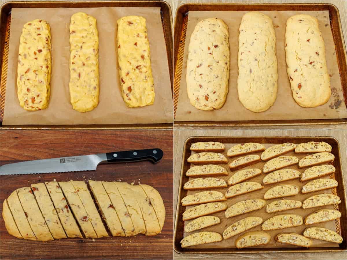 step-by-step pictures of how to make biscotti from making the dough longs to cutting them and baking again