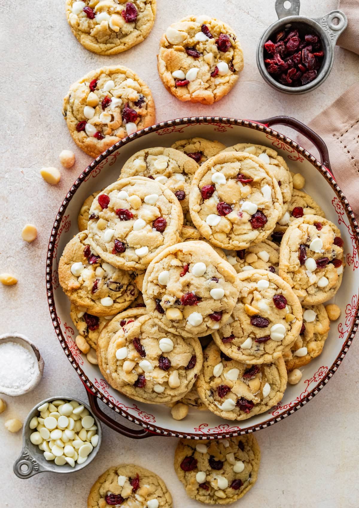 Cranberry White Chocolate Macadamia Cookies on platter. 