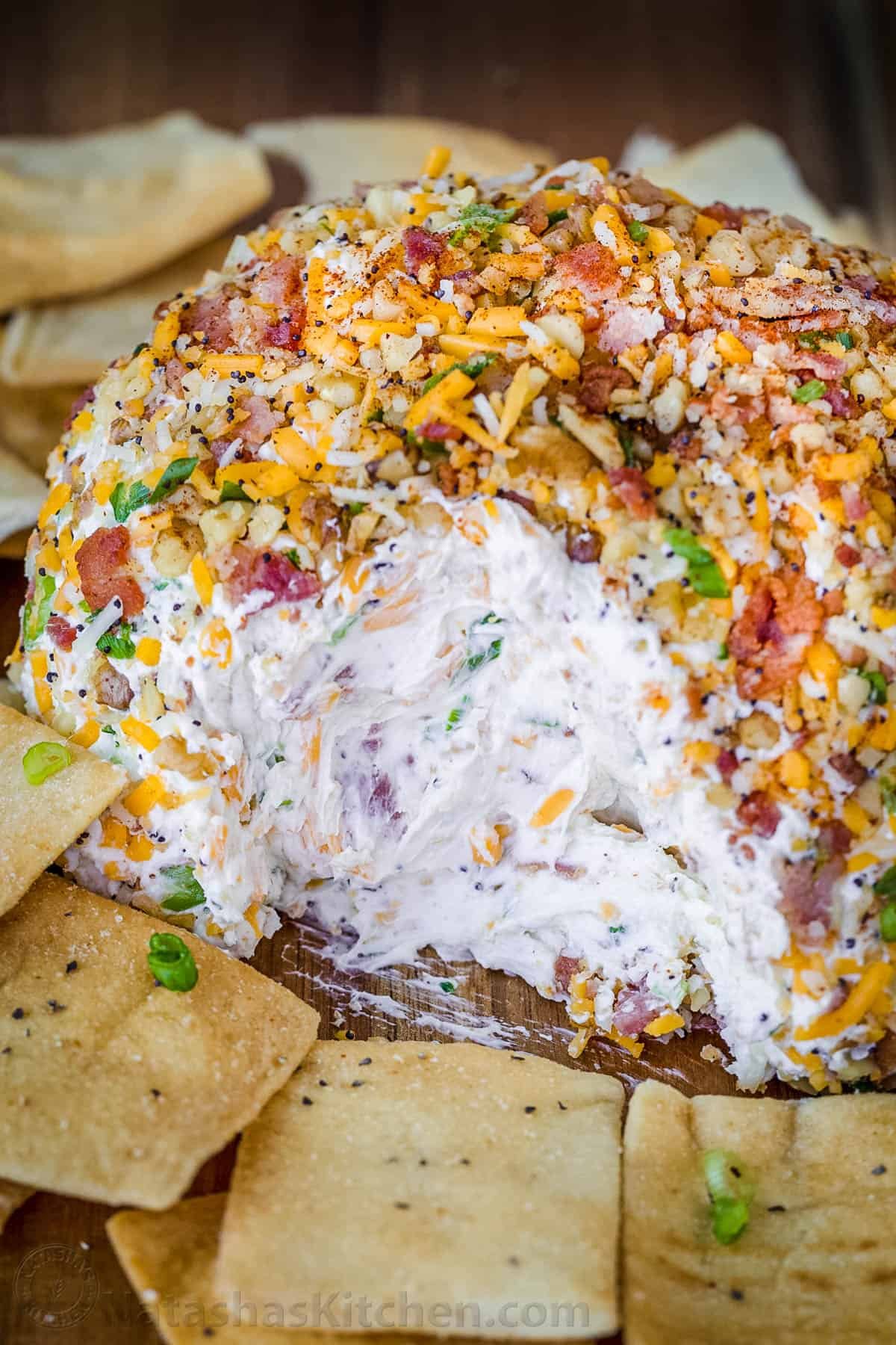 Bacon Ranch Cheese Ball Recipe with pita chips for serving