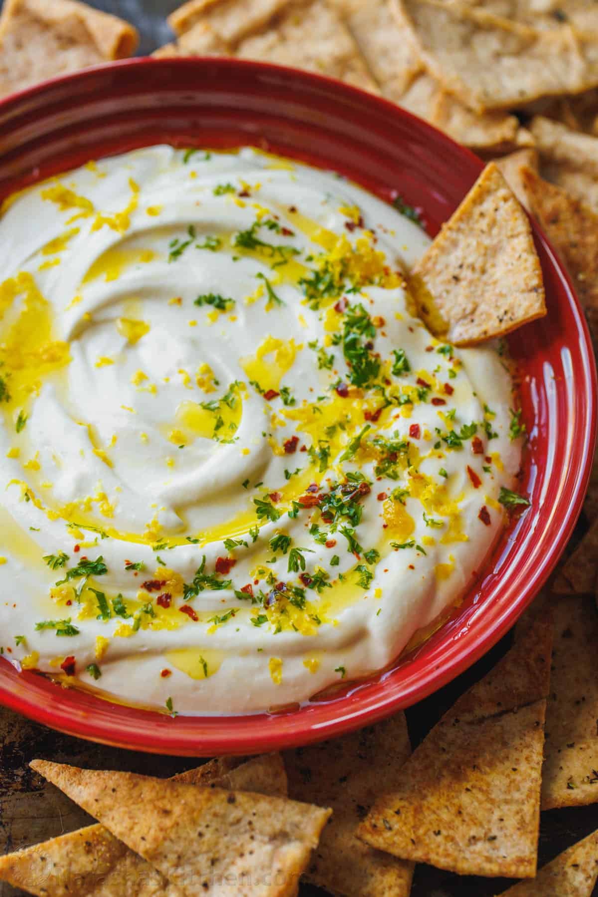 whipped feta dip with pita chips