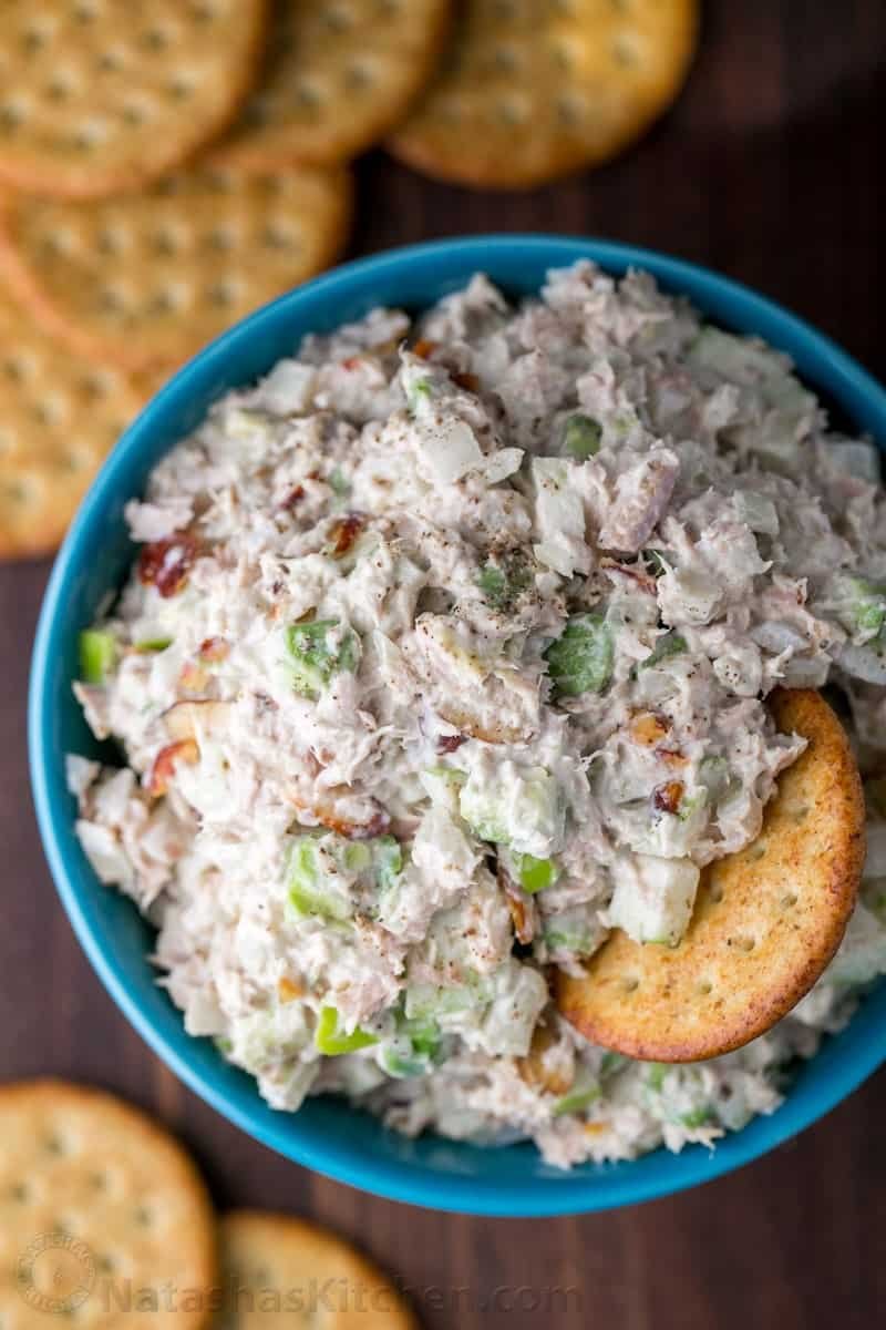 Apple Tuna salad in bowl with crackers