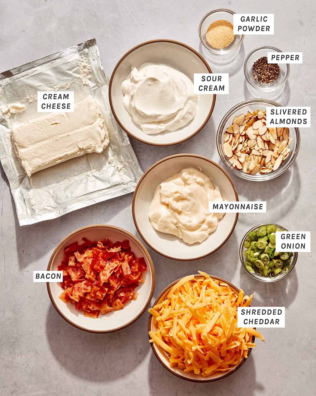 Million dollar dip ingredients on a kitchen counter. 
