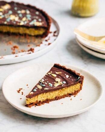 Photo of a slice of Dubai chocolate pistachio tart on a white plate