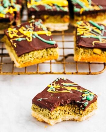 Photo of Dubai chocolate millionaire with a bite taken out of it