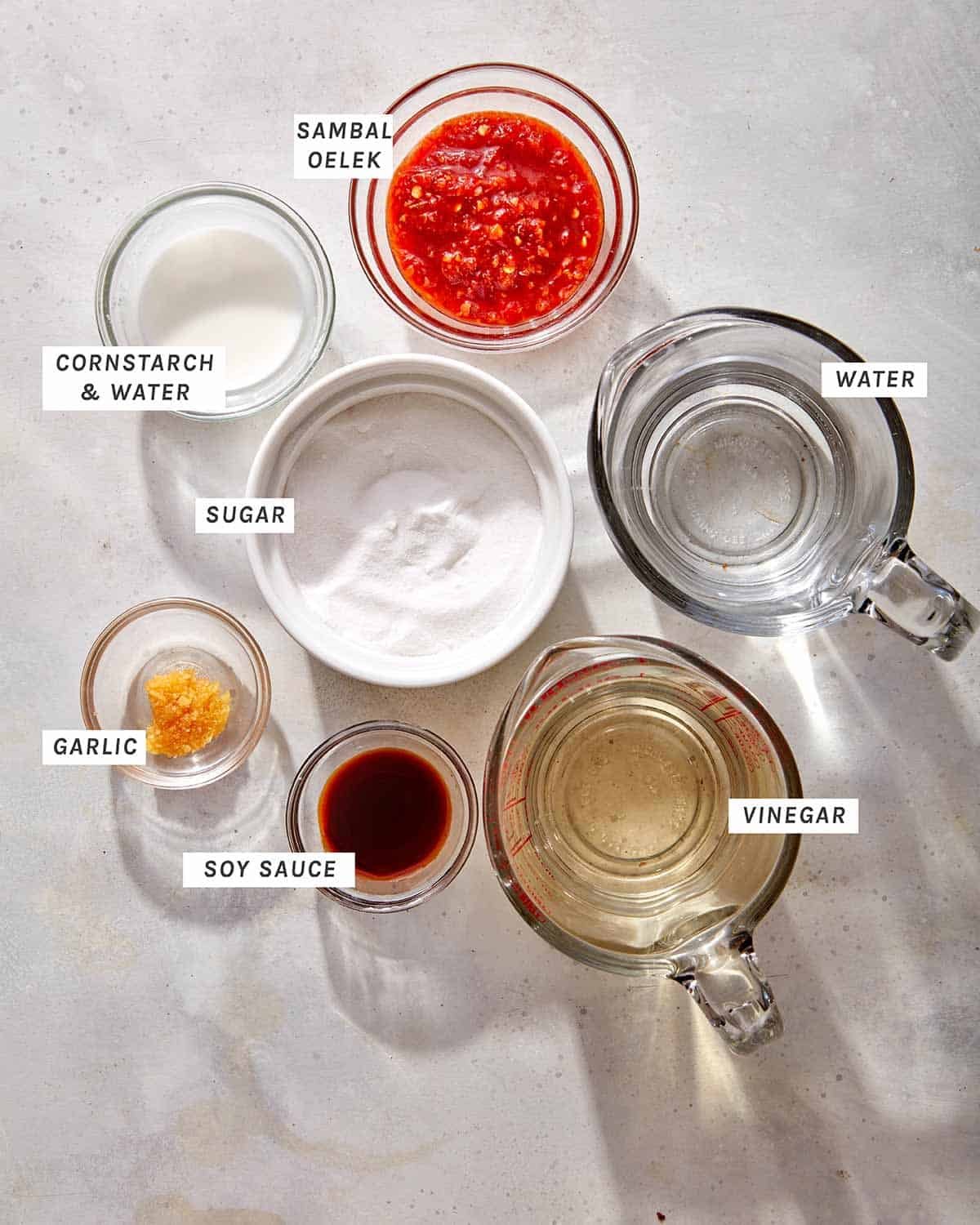 Ingredients to make a sweet chili sauce.