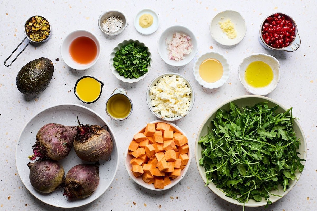 ingredients to make Roasted Sweet Potato and Beet Salad. 