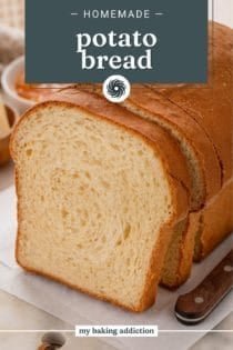Cross section view of a slice of potato bread, showing the texture of the crumb. Text overlay includes recipe name.