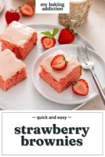 Three plated strawberry brownies with a glass of milk in the background. Text overlay includes recipe name.