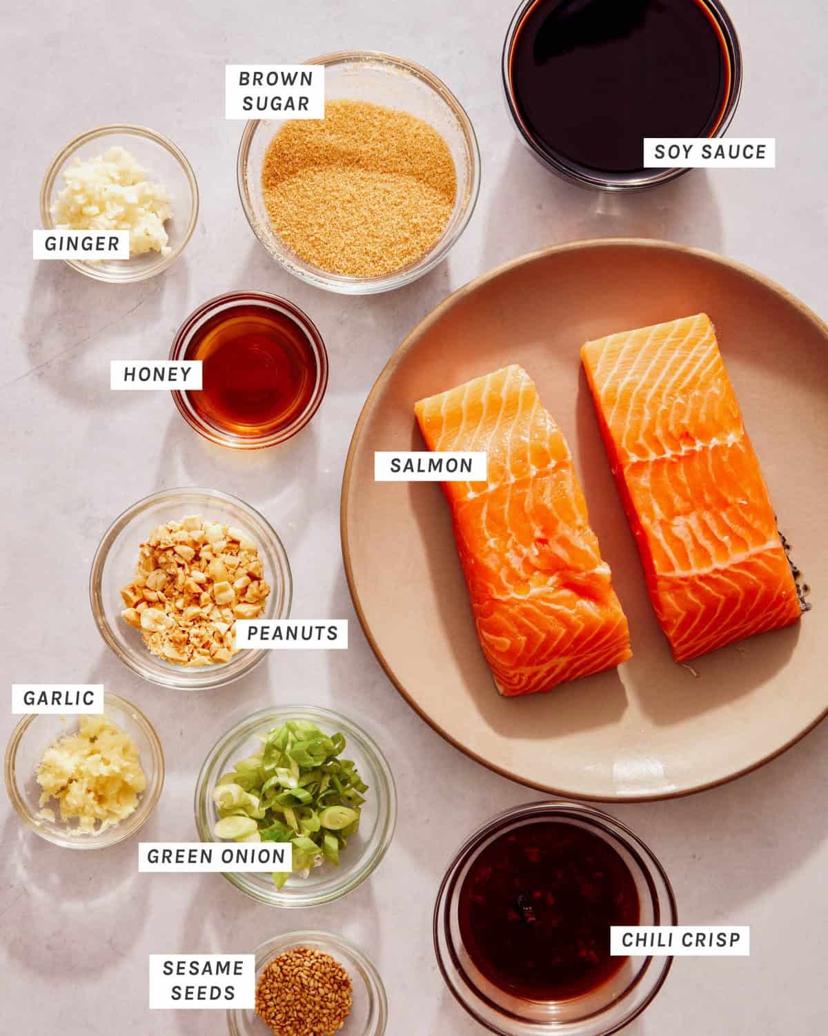 Ingredients for salmon with a soy glaze.